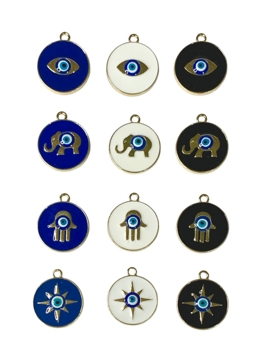 Circle Disc Hamsa/Evil Eye/Elephant/Starburst Charm Pendant